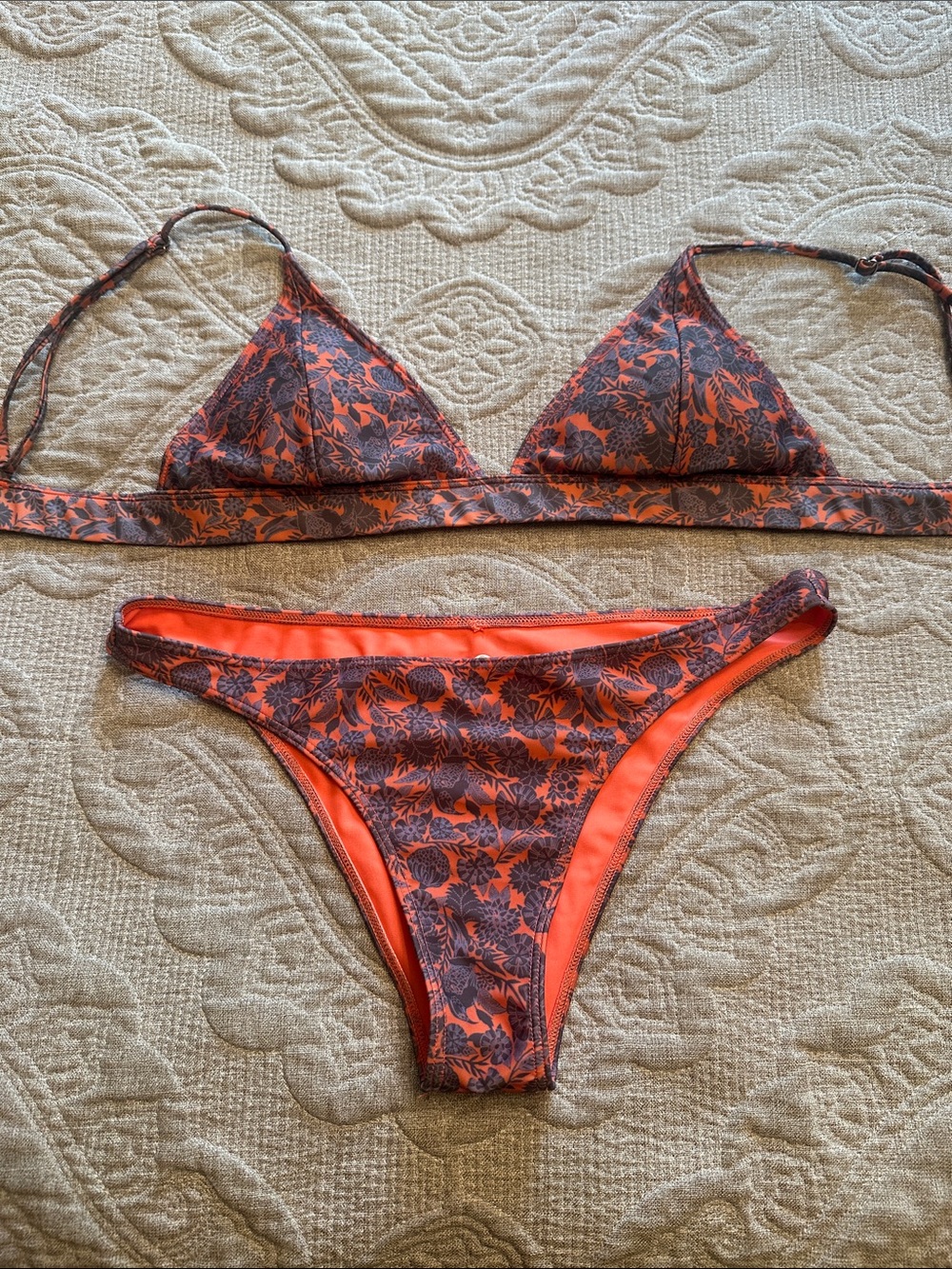 Sisstrevolution Orange and Brown Floral Triangle Bikini Set